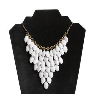 White and Gold Toned Acrylic Pointed Oval Beaded Bib Cluster Statement Necklace
